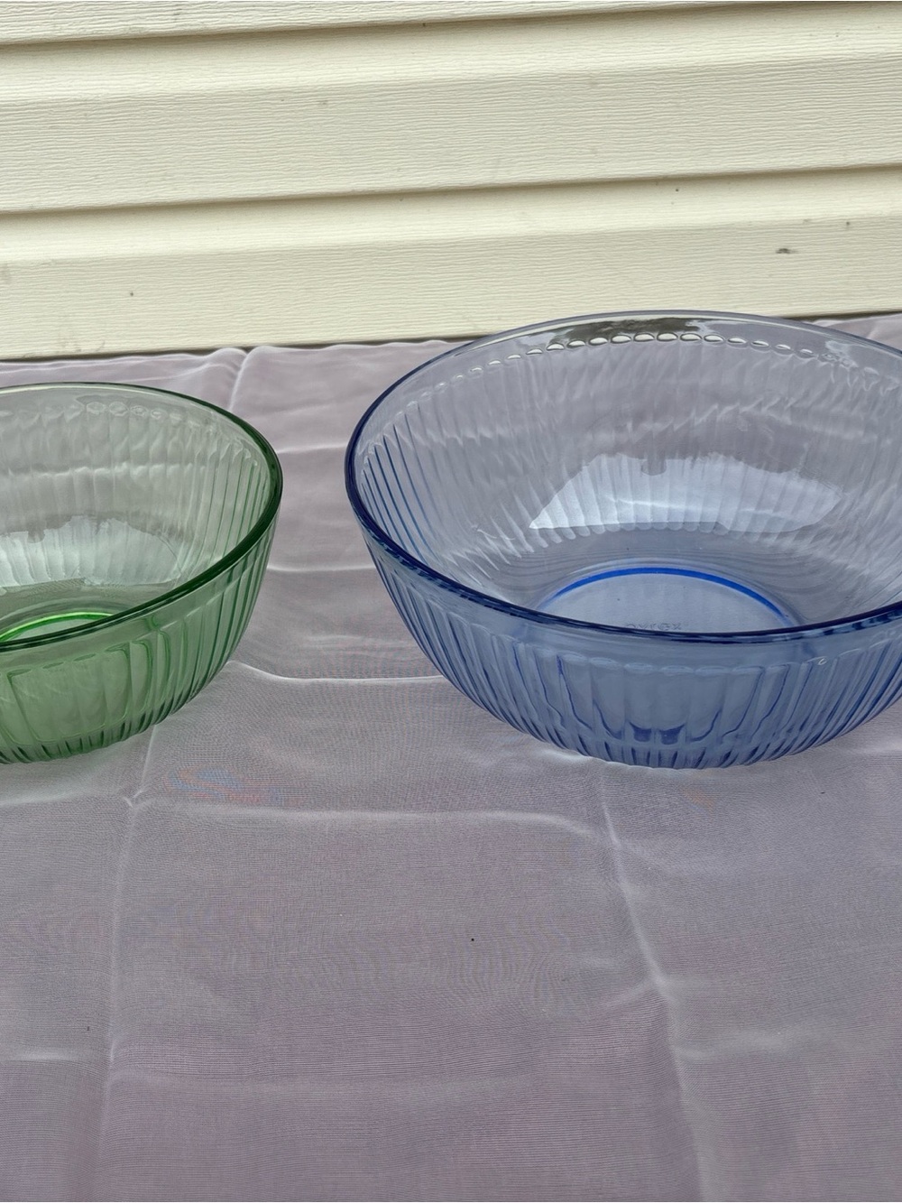 Pyrex Blue and Green Ribbed Glass Mixing Bowls
